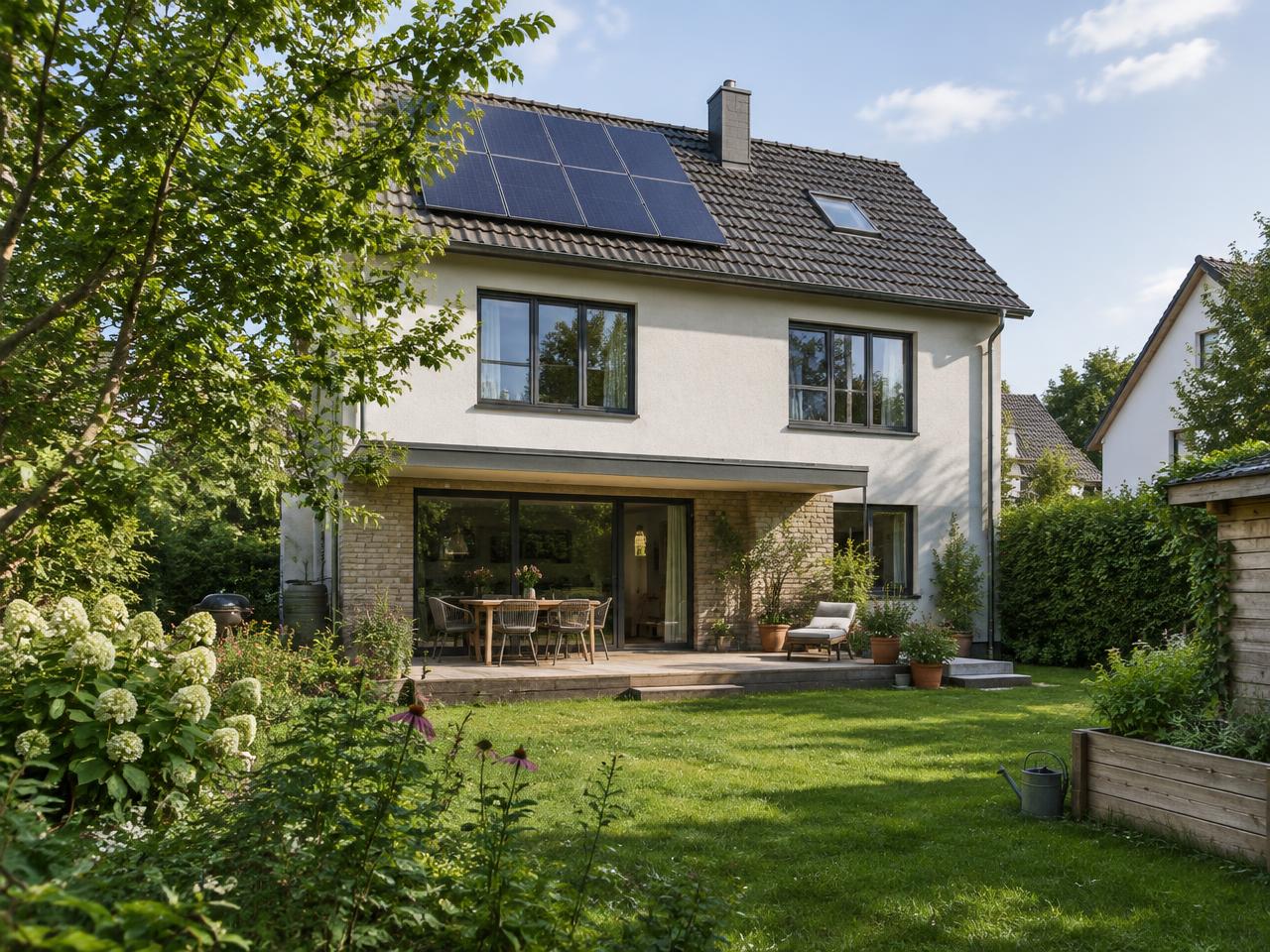 Wohnhaus mit Solaranlage als Beispiel für die Energieversorgung im Bekanntenkreis