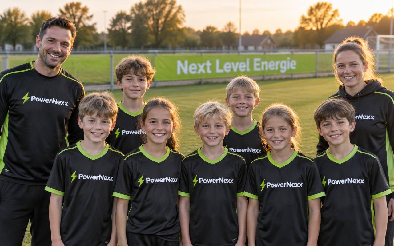 Jugendteam und Trainer in PowerNexx-Trikots vor der Tafel Next Level Energie