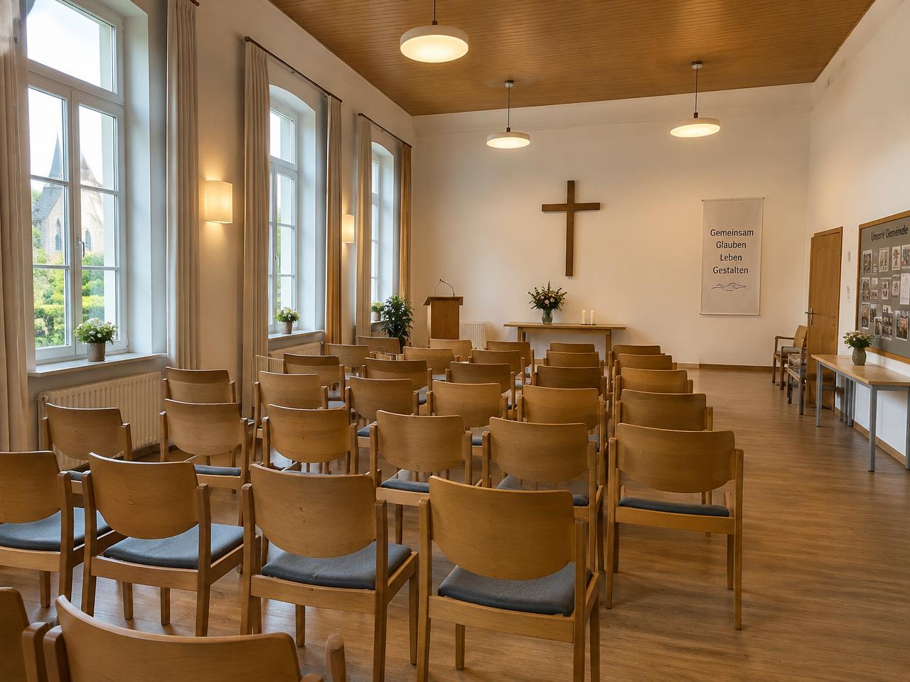 Gemeindesaal mit Stuhlreihen und Kreuz an der Wand