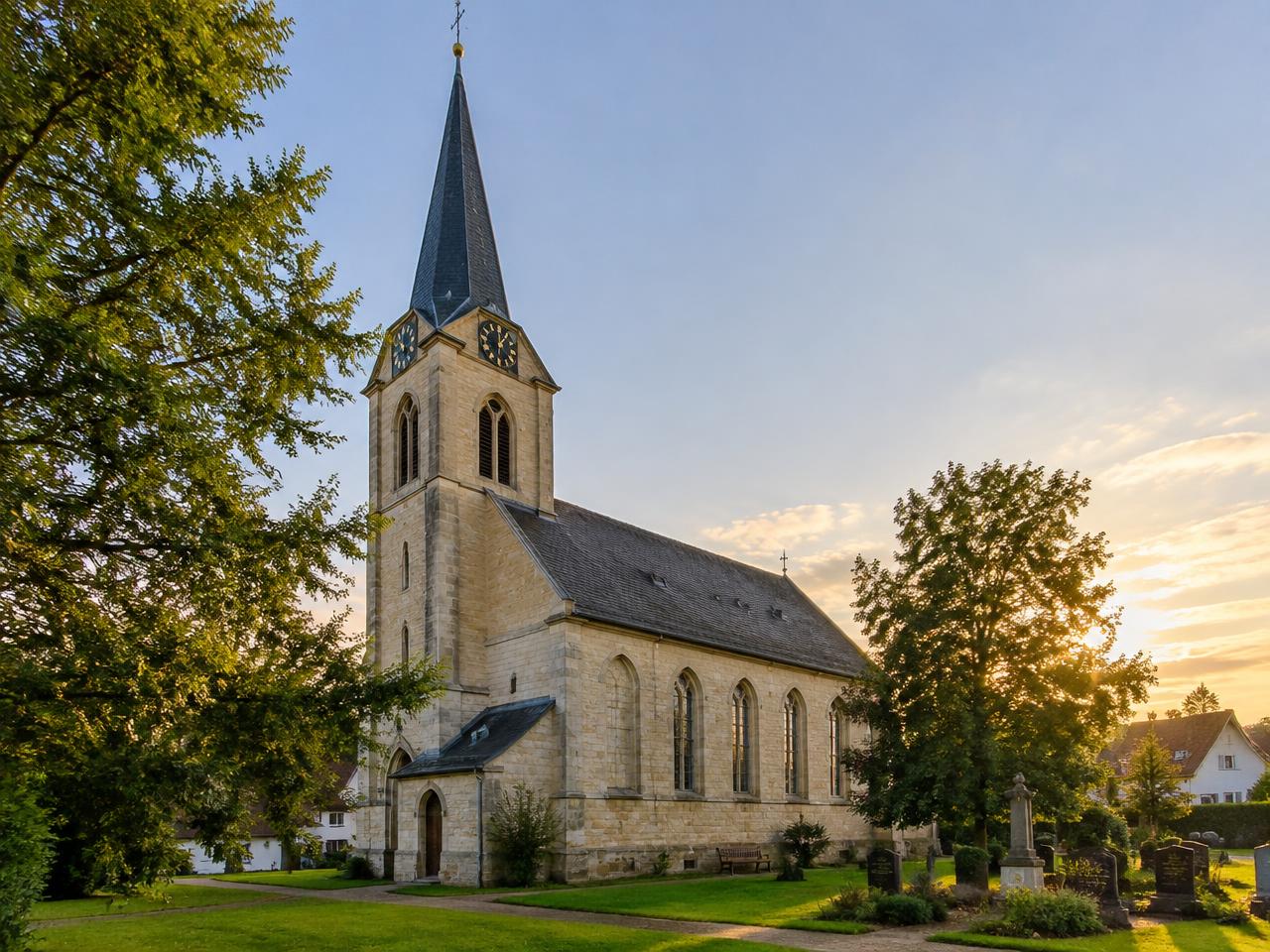 Kirche mit Kirchturm im Abendlicht in einem Dorf in Unterfranken