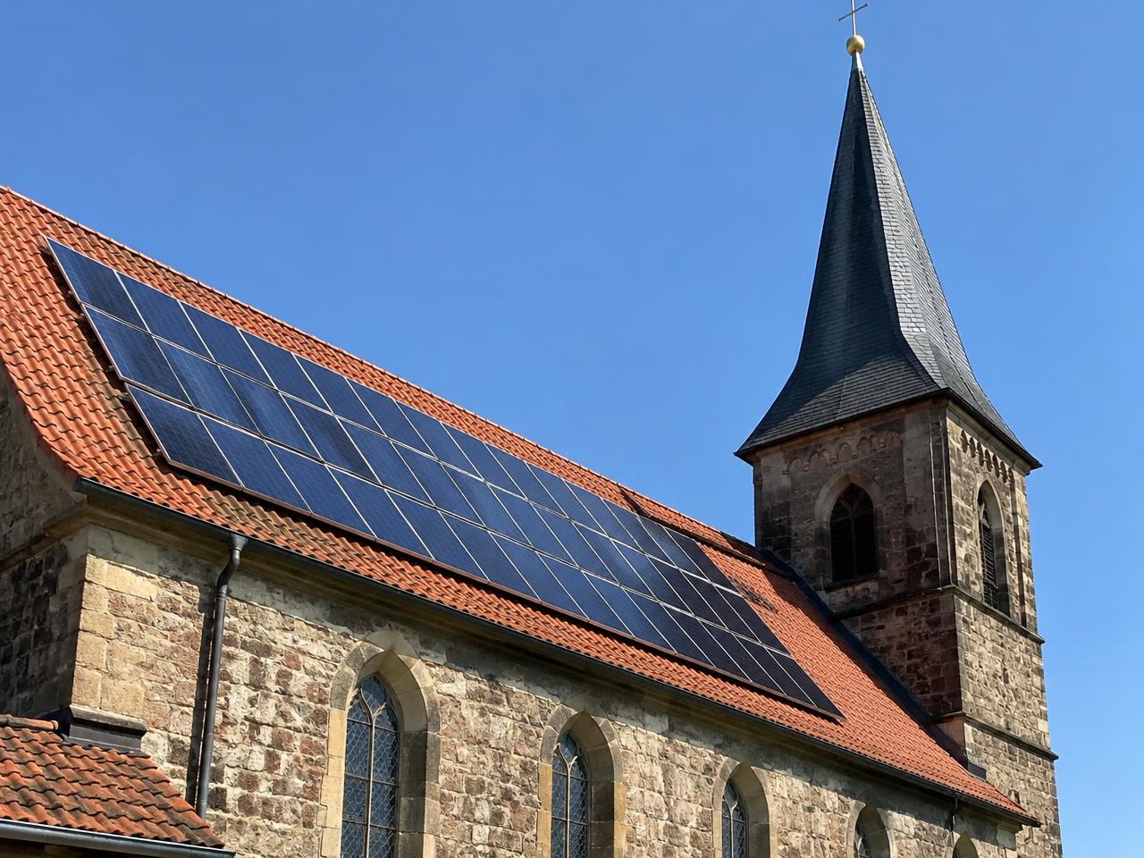 Kirchendach mit Photovoltaikanlage vor blauem Himmel