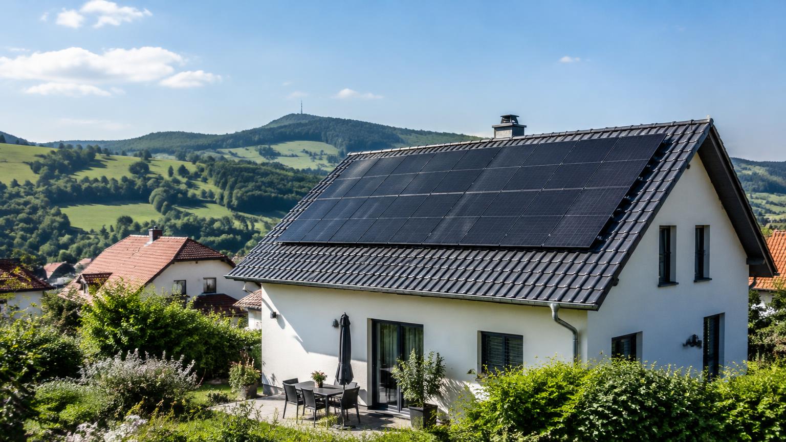 Einfamilienhaus mit schwarzer Photovoltaik-Anlage auf dem Ziegeldach vor Rhön-Hügeln