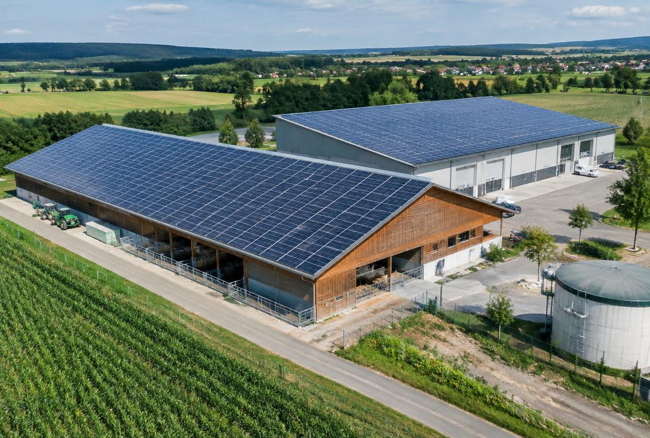 Landwirtschaftliche Halle und Gewerbehalle mit großflächiger Photovoltaik auf den Dächern