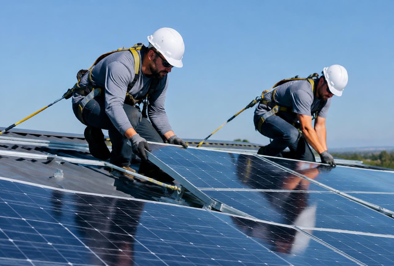 Zwei Solarteure mit Helm und Sicherungsgurt montieren Solarmodule auf einem Dach