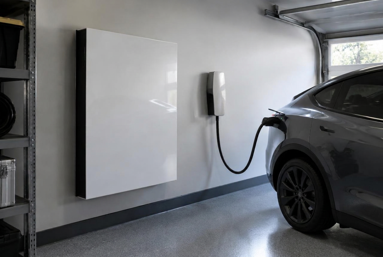 Batteriespeicher an der Garagenwand und Wallbox, die ein Elektroauto lädt