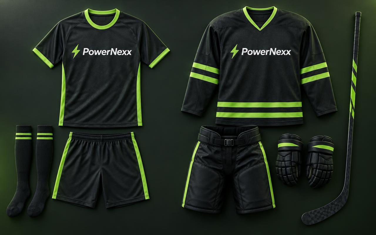 Trikotsatz für Fußball und Eishockey mit PowerNexx-Branding